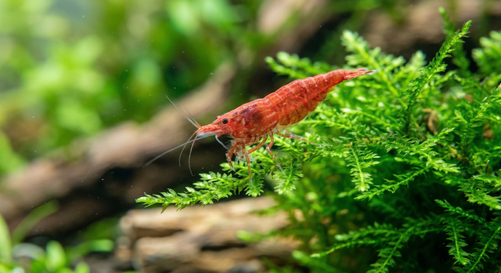 A red shrimp crawling on green aquatic plants in an aquarium.