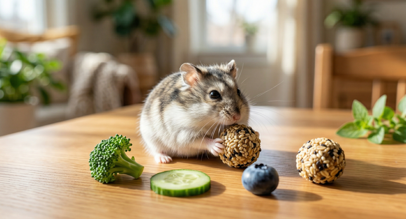 A small hamster holding a seed ball, surrounded by cucumber, broccoli, a blueberry, and two more seed balls.