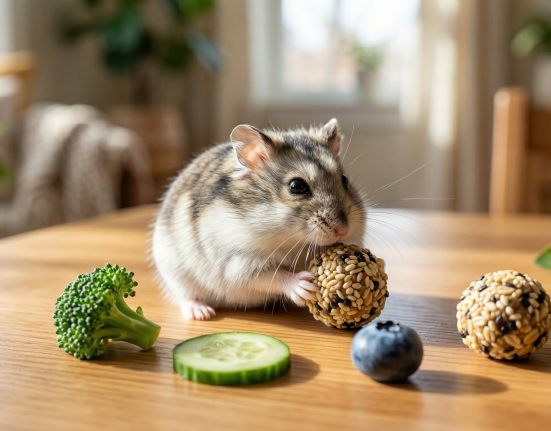 A small hamster holding a seed ball, surrounded by cucumber, broccoli, a blueberry, and two more seed balls.