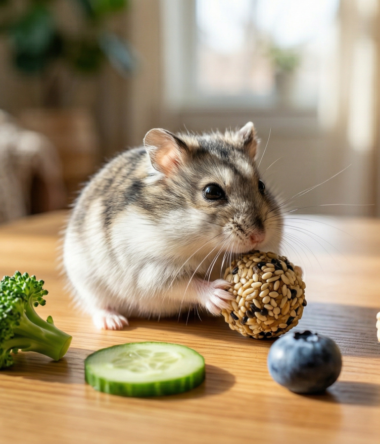 A small hamster holding a seed ball, surrounded by cucumber, broccoli, a blueberry, and two more seed balls.
