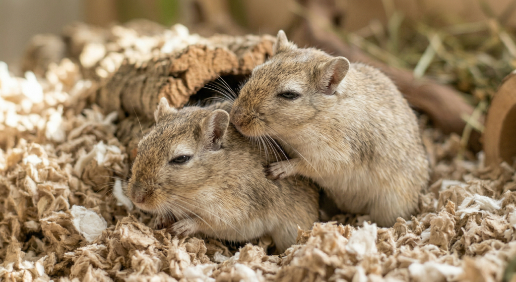 Two small gerbils cuddled together in a cozy bedding of shavings.
