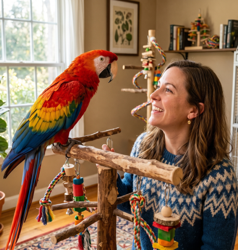A woman smiles at a colorful parrot perched on a branch. A birdcage is behind them.
