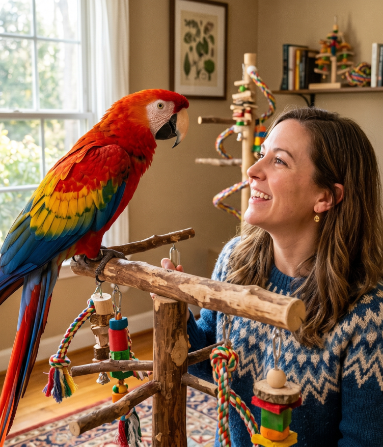 A woman smiles at a colorful parrot perched on a branch. A birdcage is behind them.