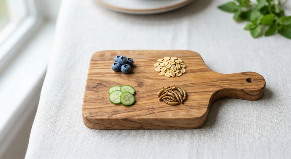 A wooden cutting board with blueberries, oats, cucumber slices, and edible insects.