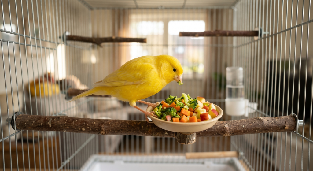 A bright yellow canary eating a mix of vegetables like broccoli and carrots from a small bowl in its cage.