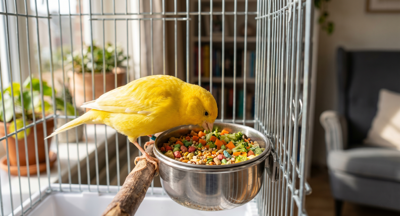 A bright yellow canary eating mixed seed and vegetables from a bowl in its cage.