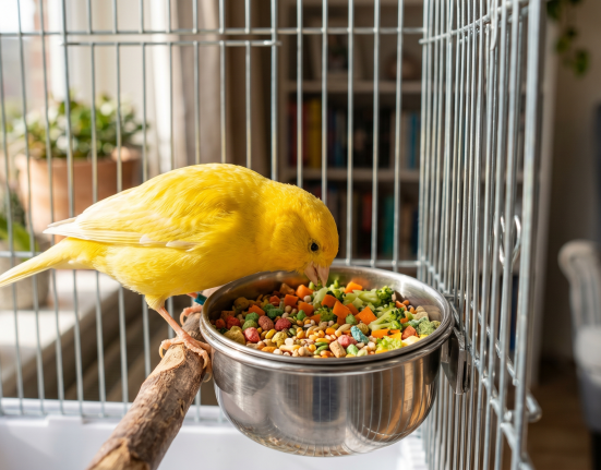 A bright yellow canary eating mixed seed and vegetables from a bowl in its cage.
