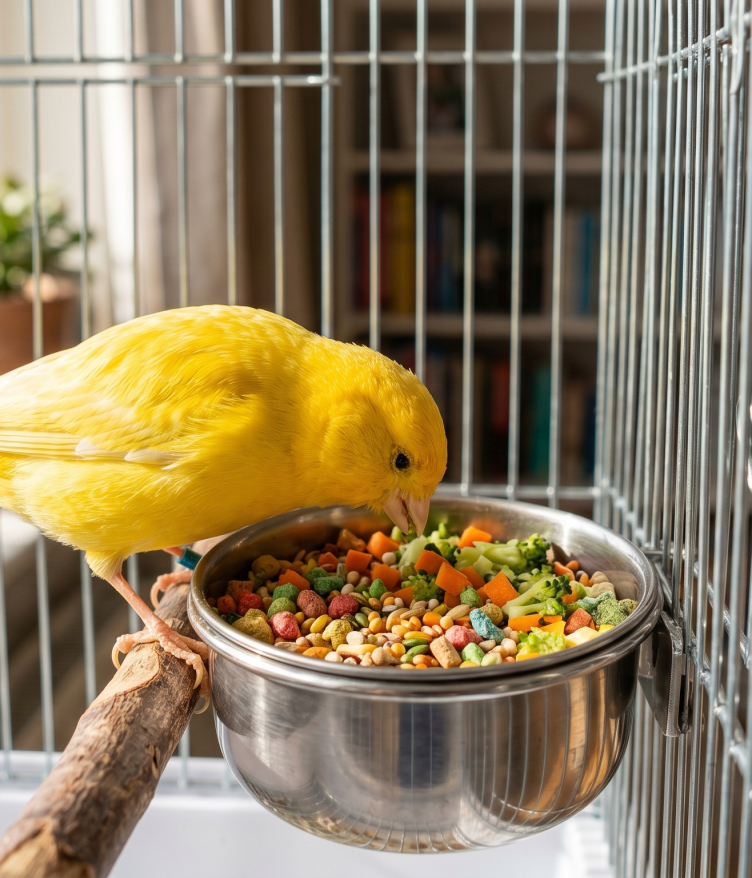 A bright yellow canary eating mixed seed and vegetables from a bowl in its cage.