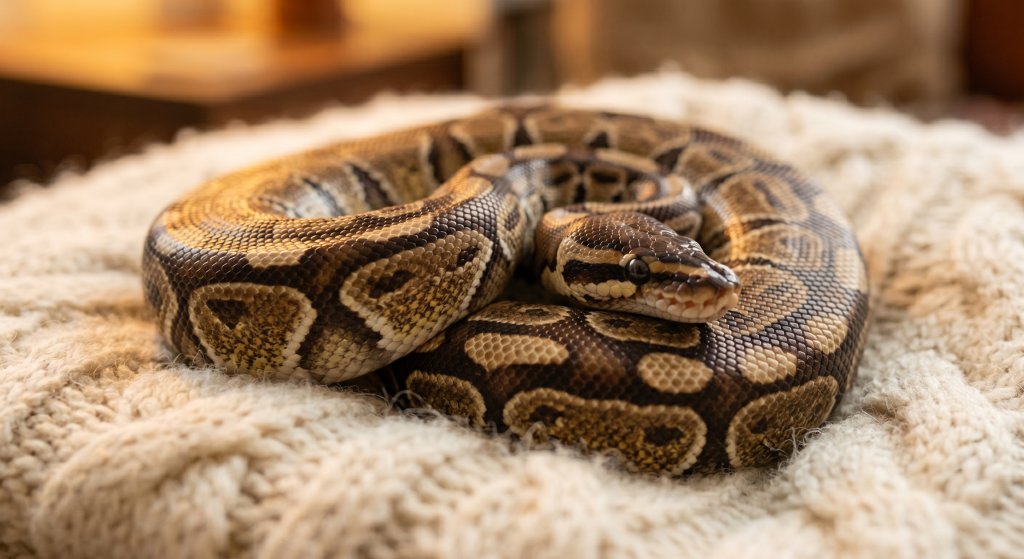 A ball python coiled on a cream-colored knitted blanket, displaying intricate patterns.