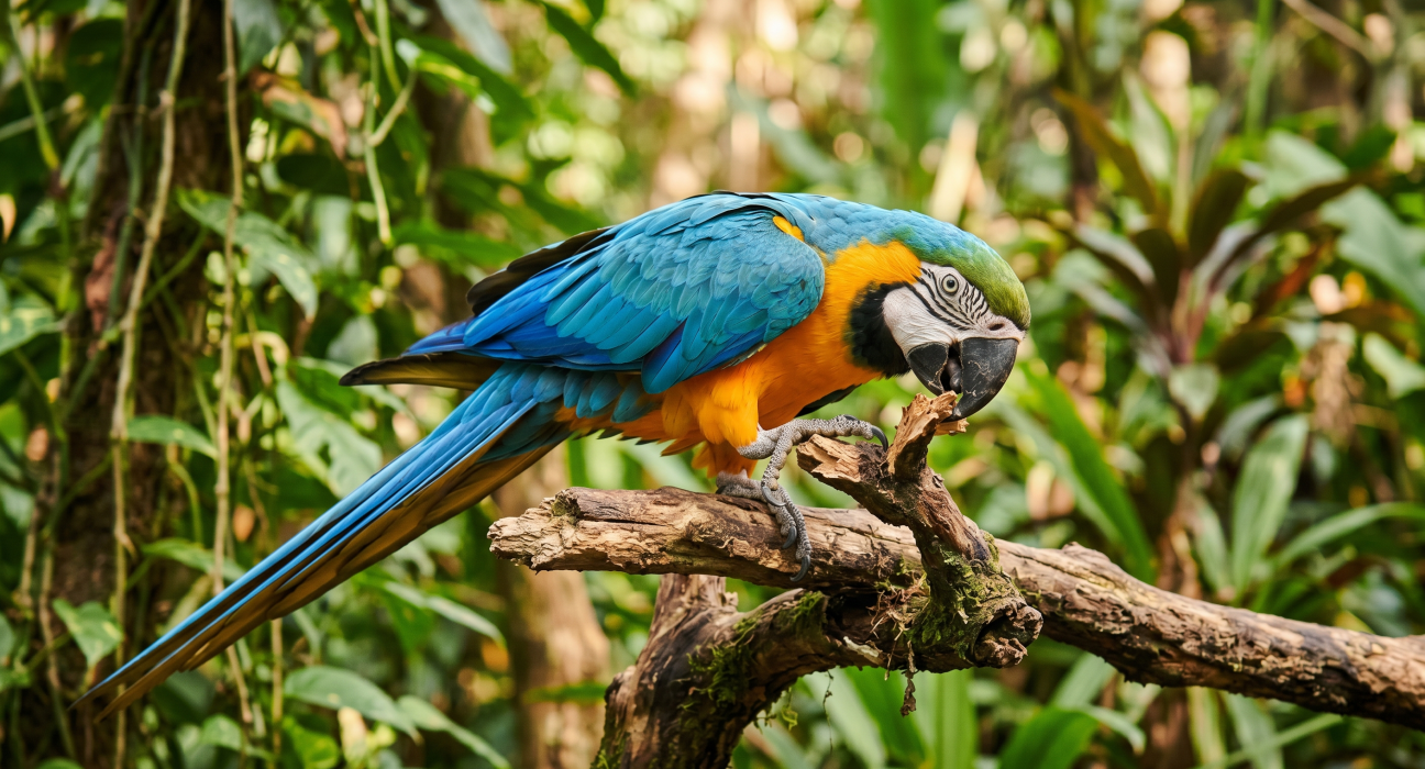 A bright blue and yellow macaw perched on a branch, surrounded by green foliage.