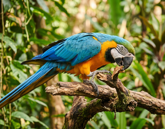 A bright blue and yellow macaw perched on a branch, surrounded by green foliage.