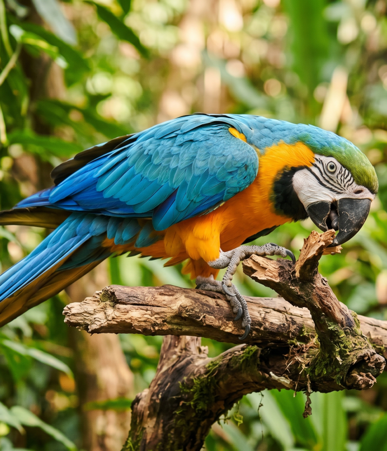 A bright blue and yellow macaw perched on a branch, surrounded by green foliage.