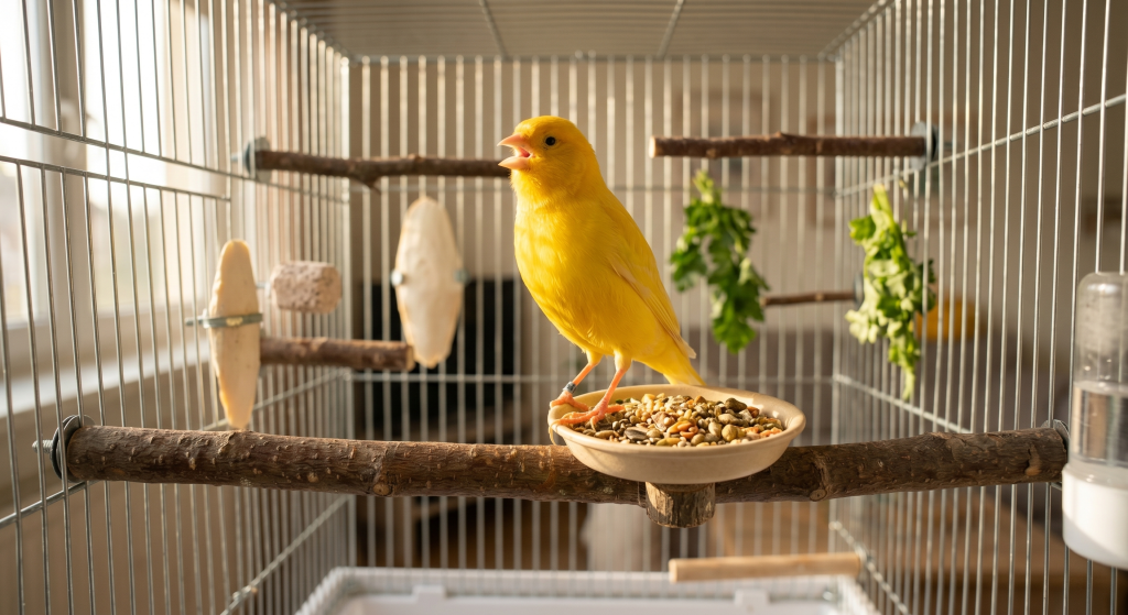 A bright yellow canary stands on a bowl of seeds inside a cage, surrounded by perches and hanging greens.