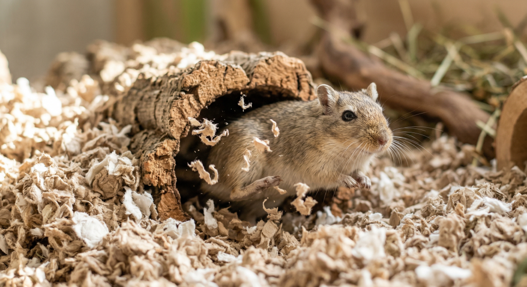 A small brown gerbil peeking out of a wooden burrow surrounded by soft bedding.