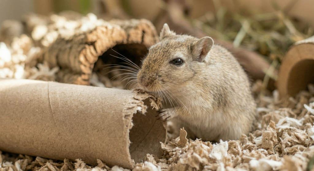 A small, brown gerbil sniffing a torn cardboard tube in bedding.