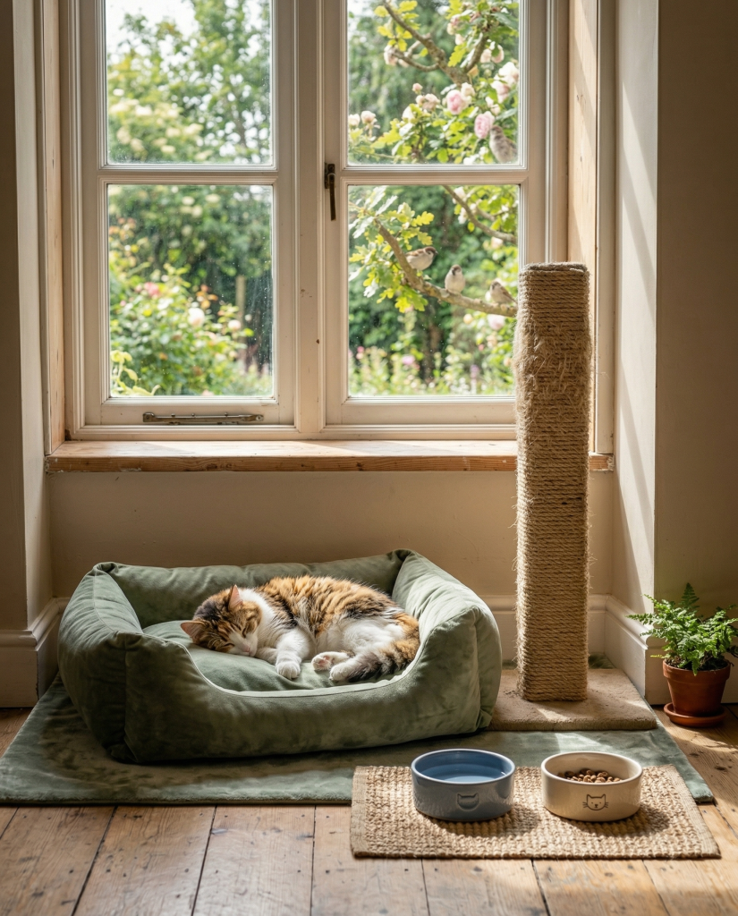 A calico cat sleeps in a green pet bed by a sunny window. Two food bowls sit on a mat.