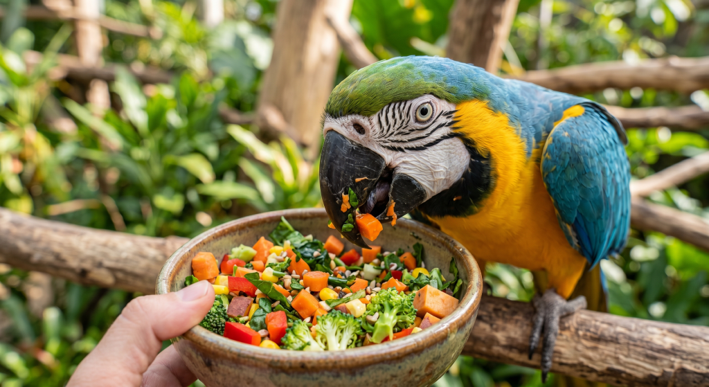 A colorful parrot eating a mix of vegetables from a bowl held by a person.
