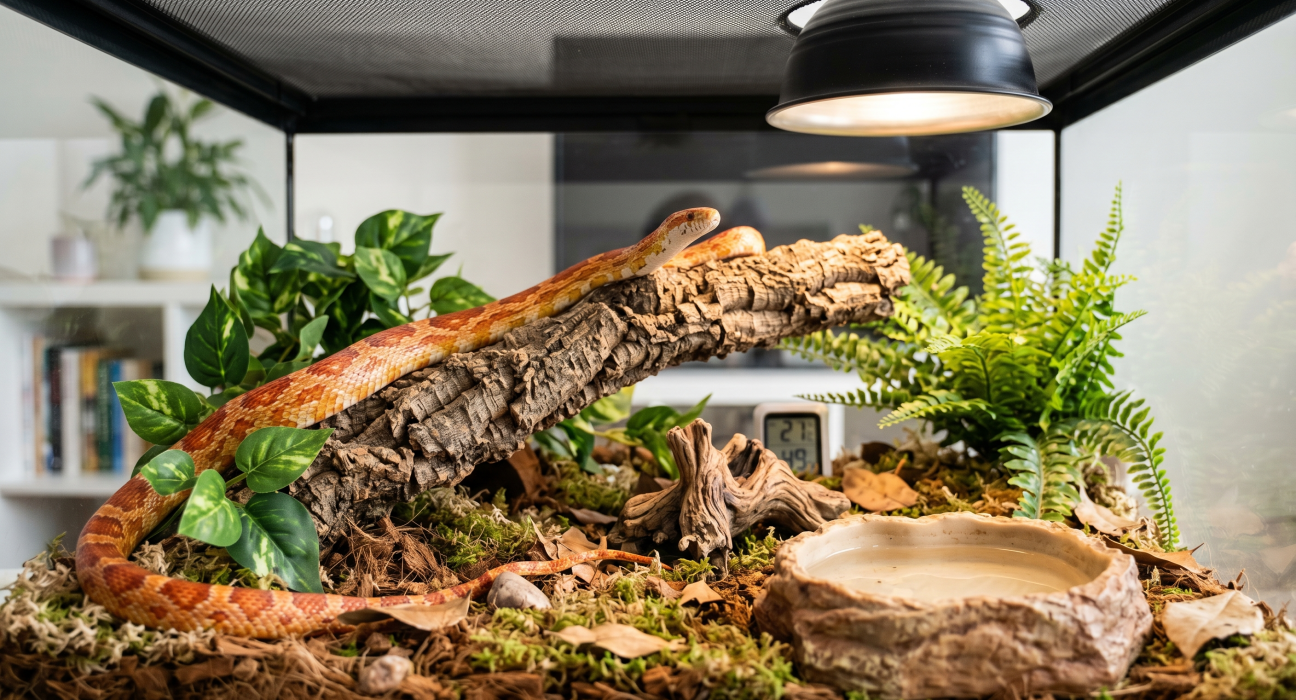 A corn snake resting on a log in its terrarium with plants and a water dish.