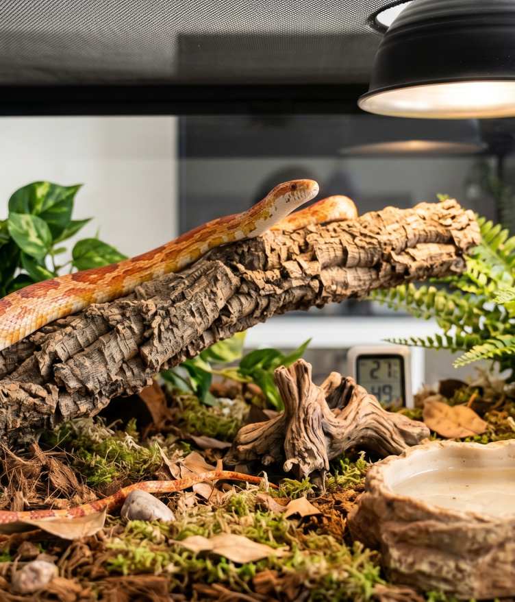 A corn snake resting on a log in its terrarium with plants and a water dish.