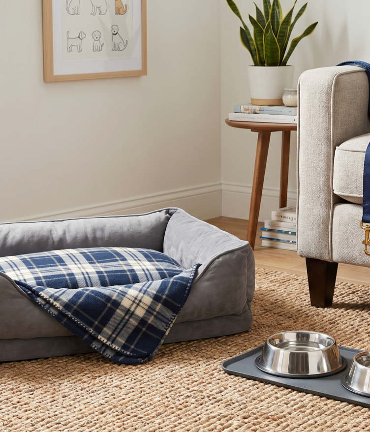 A cozy dog bed with a blue plaid blanket, food and water bowls nearby, and a basket of toys.