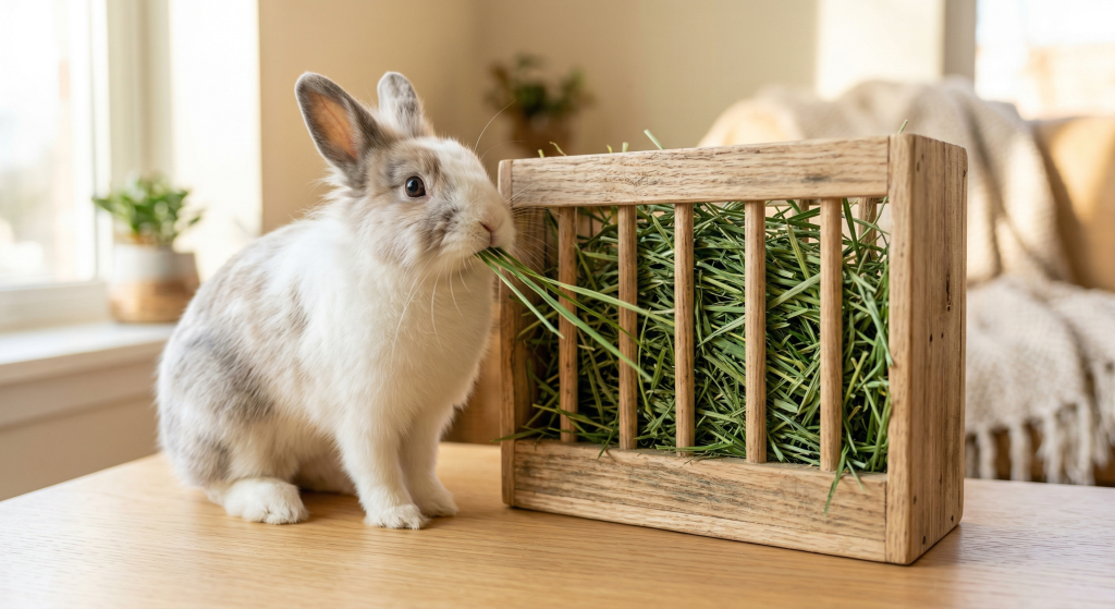 A fluffy rabbit eating grass from a wooden hay feeder on a light wooden table.