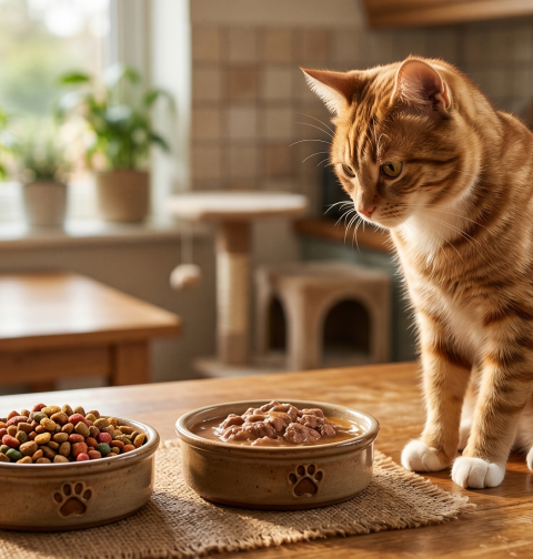 A ginger cat looks at two bowls of food: one with dry kibble and one with wet cat food, on a wooden table.