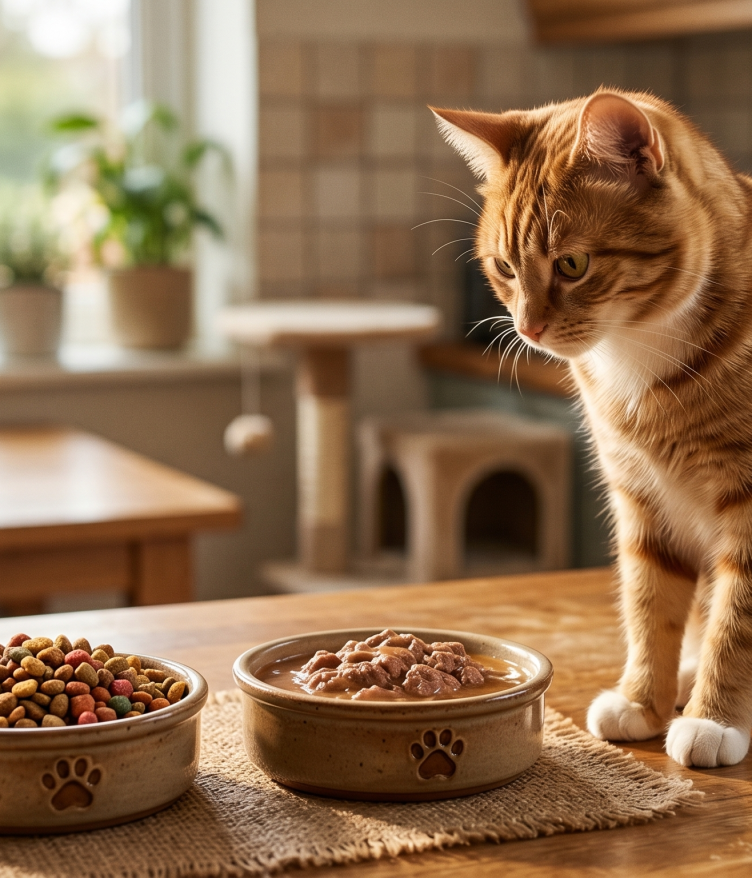 A ginger cat looks at two bowls of food: one with dry kibble and one with wet cat food, on a wooden table.