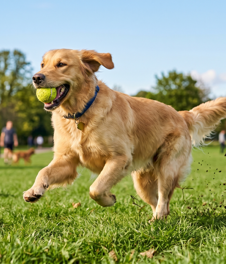 A golden retriever runs in a park, happily carrying a tennis ball in its mouth.