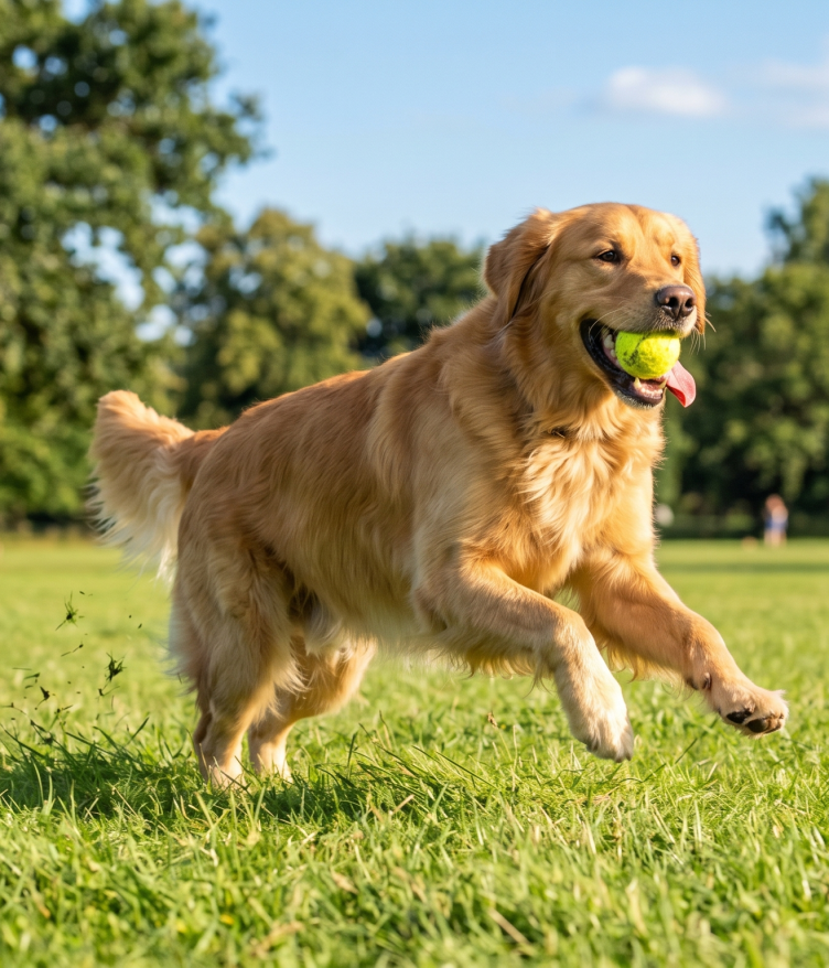 A golden retriever runs in a park, holding a yellow tennis ball in its mouth.