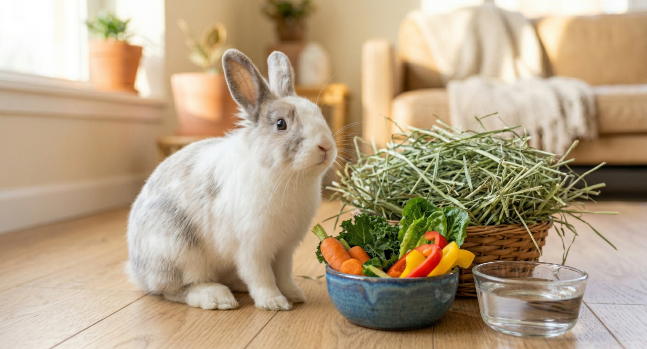 A gray-and-white rabbit sits near a bowl of vegetables and hay, with a glass of water beside it.