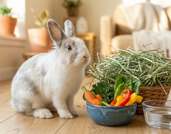 A gray-and-white rabbit sits near a bowl of vegetables and hay, with a glass of water beside it.