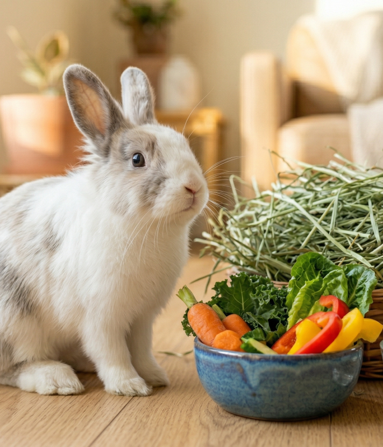 A gray-and-white rabbit sits near a bowl of vegetables and hay, with a glass of water beside it.