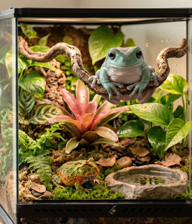 A large green frog resting on a branch in a lush terrarium, with plants and a small water dish below.