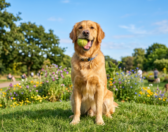 A happy golden retriever sitting with a tennis ball in its mouth, surrounded by flowers and people in a park.