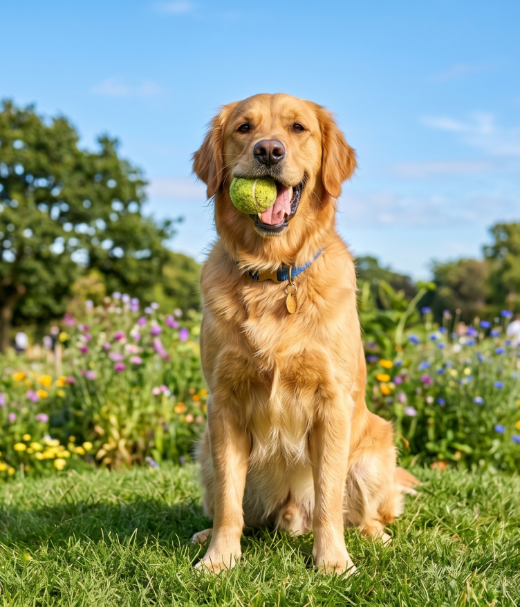 A happy golden retriever sitting with a tennis ball in its mouth, surrounded by flowers and people in a park.