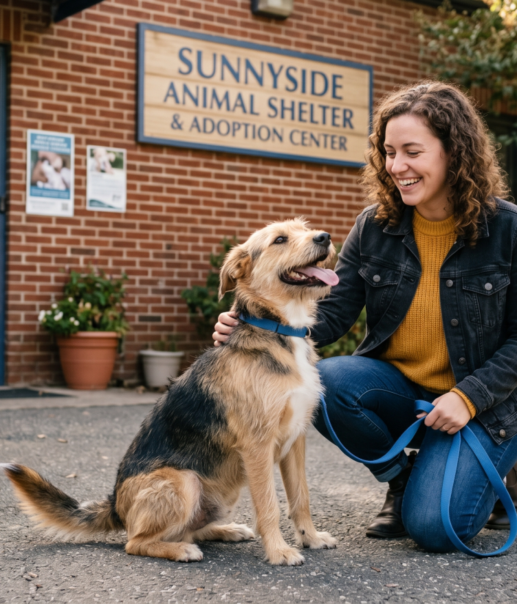 A woman kneels beside a happy dog at an animal shelter. They are smiling outside a brick building.