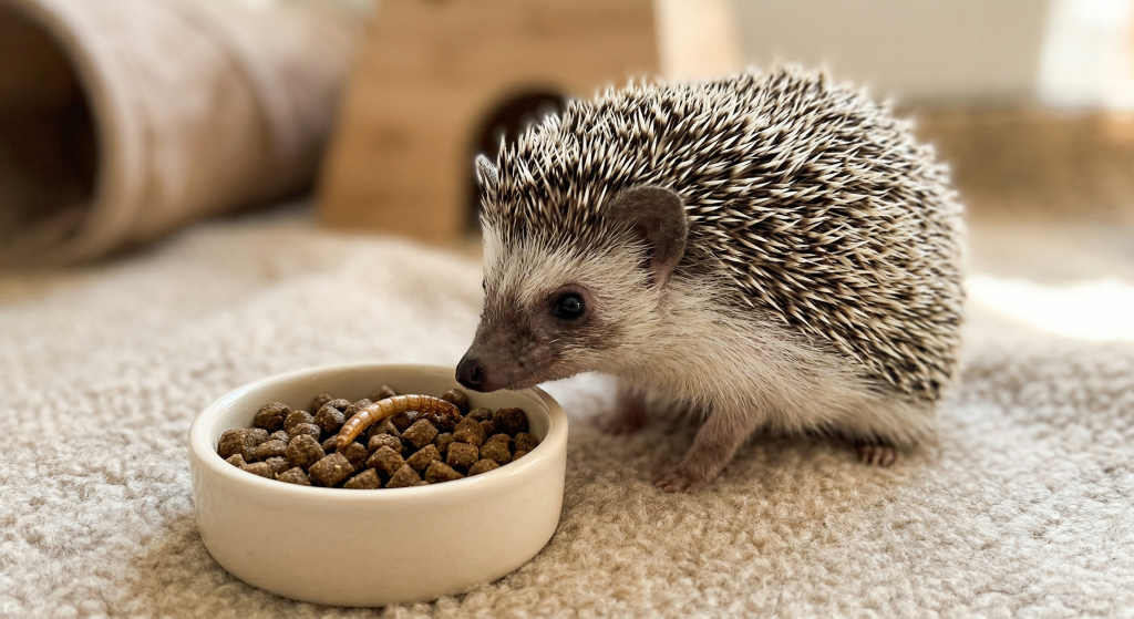A hedgehog near a bowl of food and a mealworm, on a soft surface.