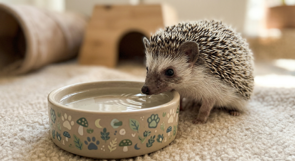 A hedgehog drinking water from a decorative bowl on a soft carpet.