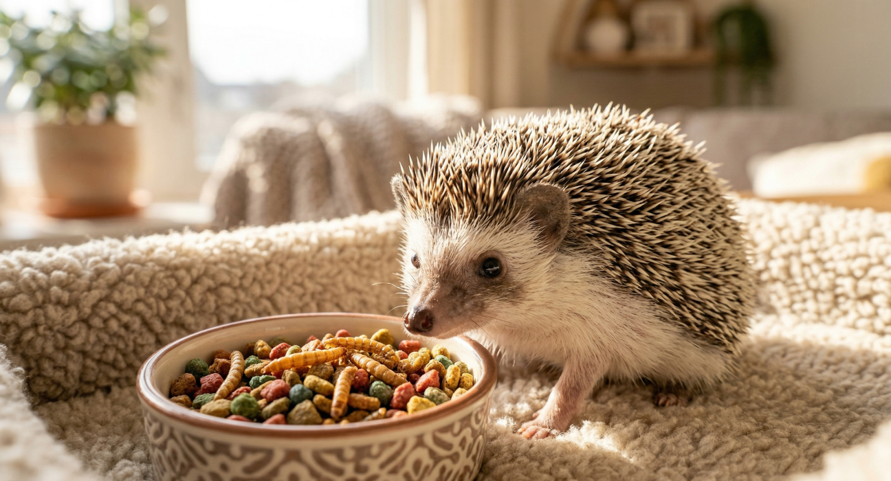 A hedgehog near a bowl of colorful pet food, in a cozy setting with sunlight.