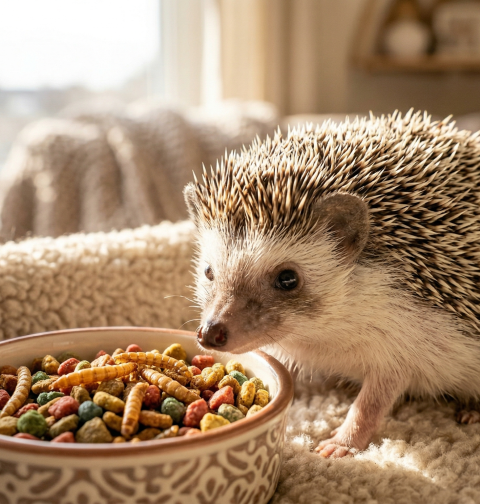 A hedgehog near a bowl of colorful pet food, in a cozy setting with sunlight.