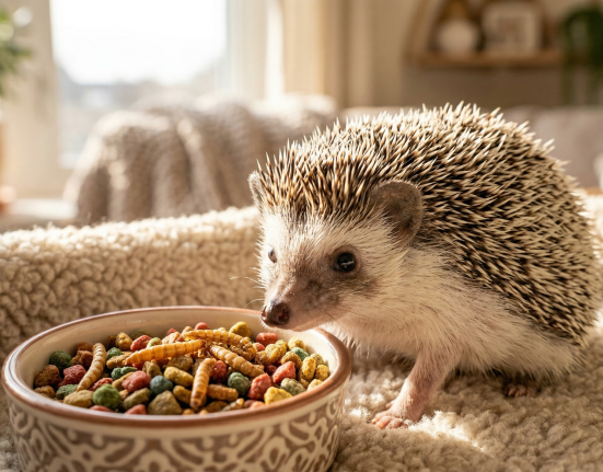 A hedgehog near a bowl of colorful pet food, in a cozy setting with sunlight.