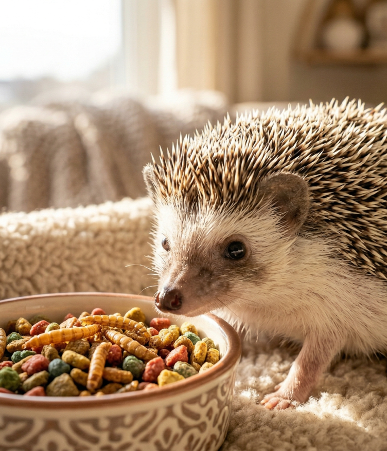 A hedgehog near a bowl of colorful pet food, in a cozy setting with sunlight.