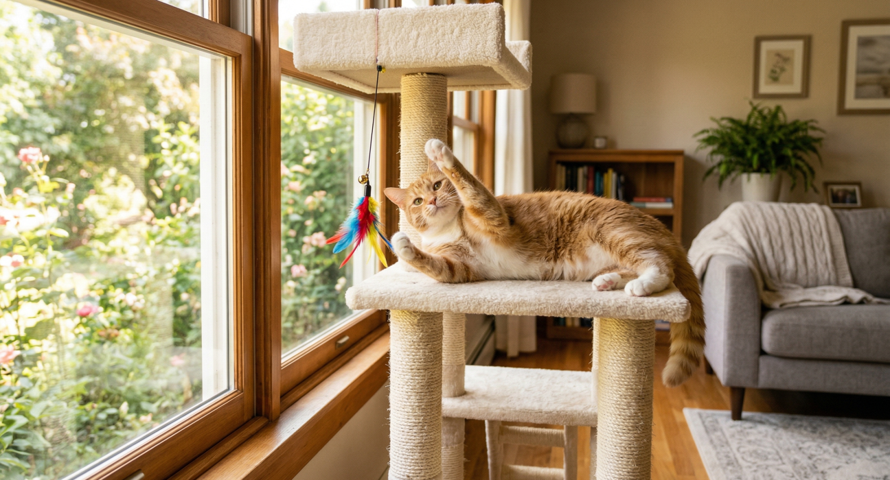 An orange cat plays with a colorful feather toy on a cat tree beside a sunny window.