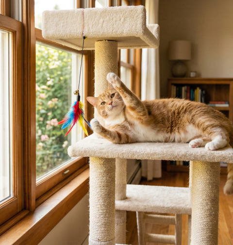 An orange cat plays with a colorful feather toy on a cat tree beside a sunny window.