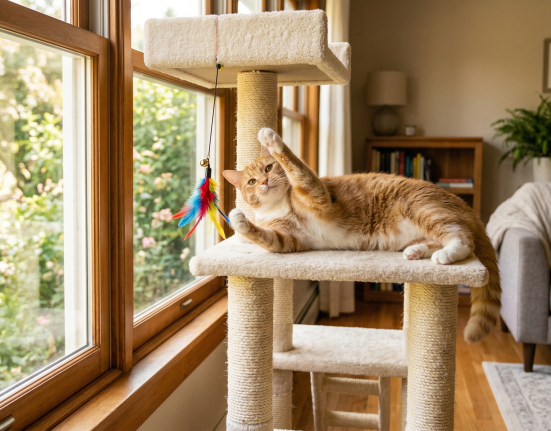 An orange cat plays with a colorful feather toy on a cat tree beside a sunny window.