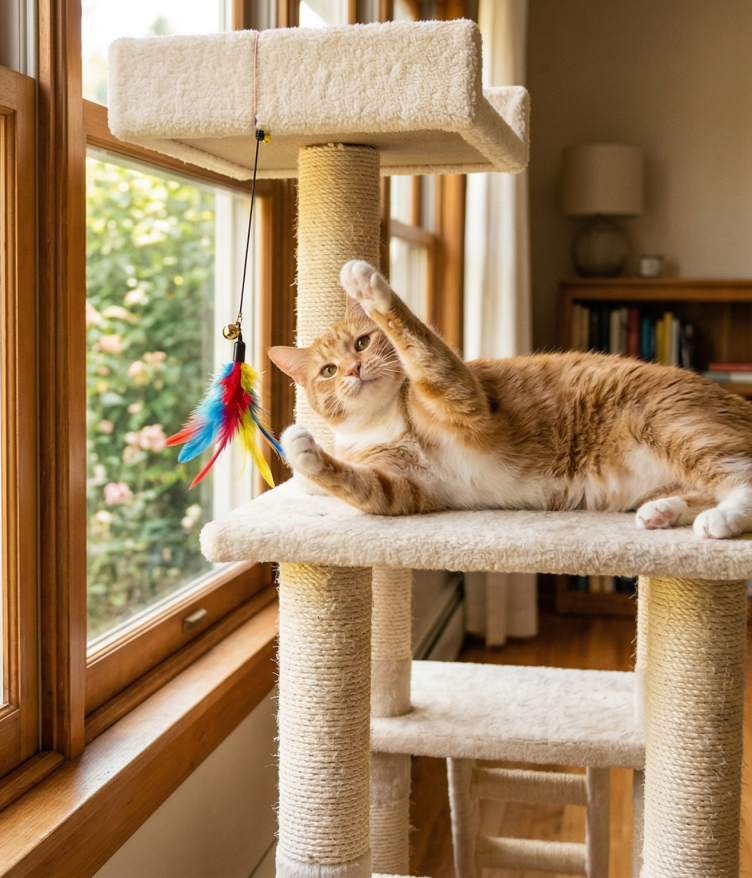 An orange cat plays with a colorful feather toy on a cat tree beside a sunny window.