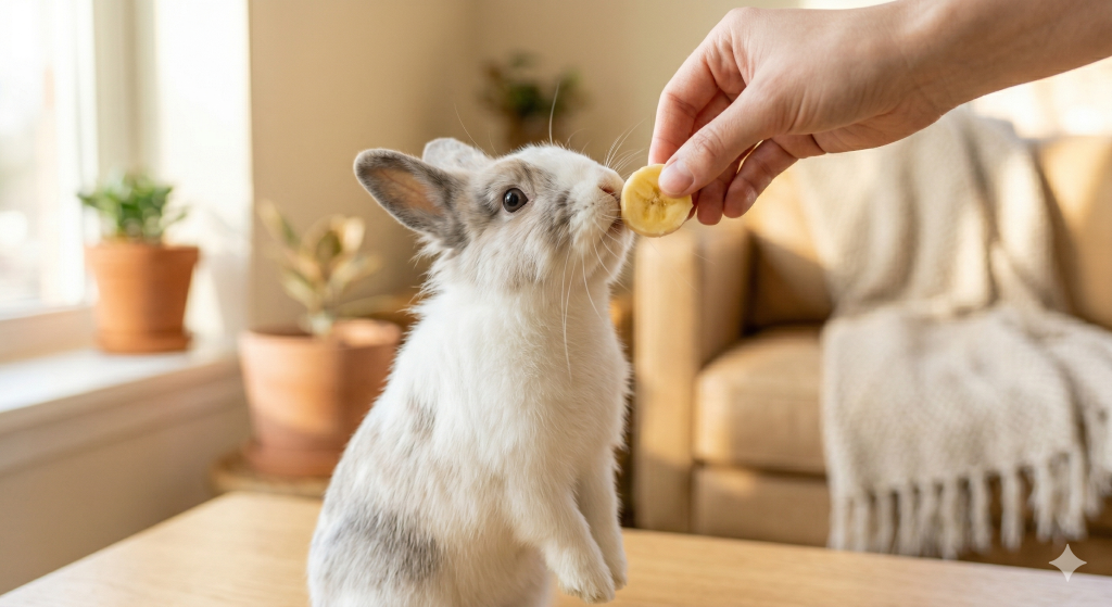 A rabbit reaching for a banana slice held by a person, with plants and a couch in the background.