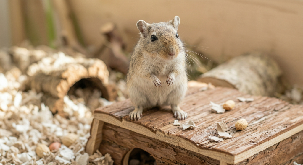 A small tan gerbil standing on a wooden platform, with bedding and small treats around.