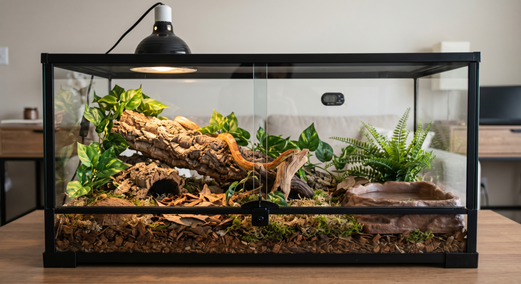 A glass terrarium with a snake, plants, and a heat lamp inside.
