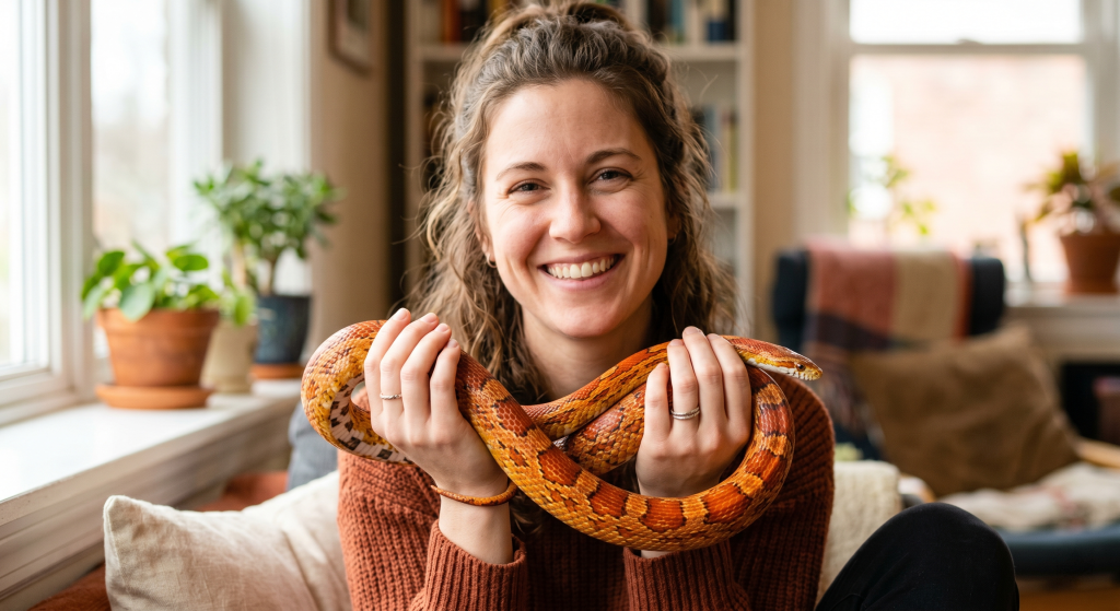 A smiling woman with curly hair holds a vibrant orange snake, surrounded by houseplants and a cozy living room.